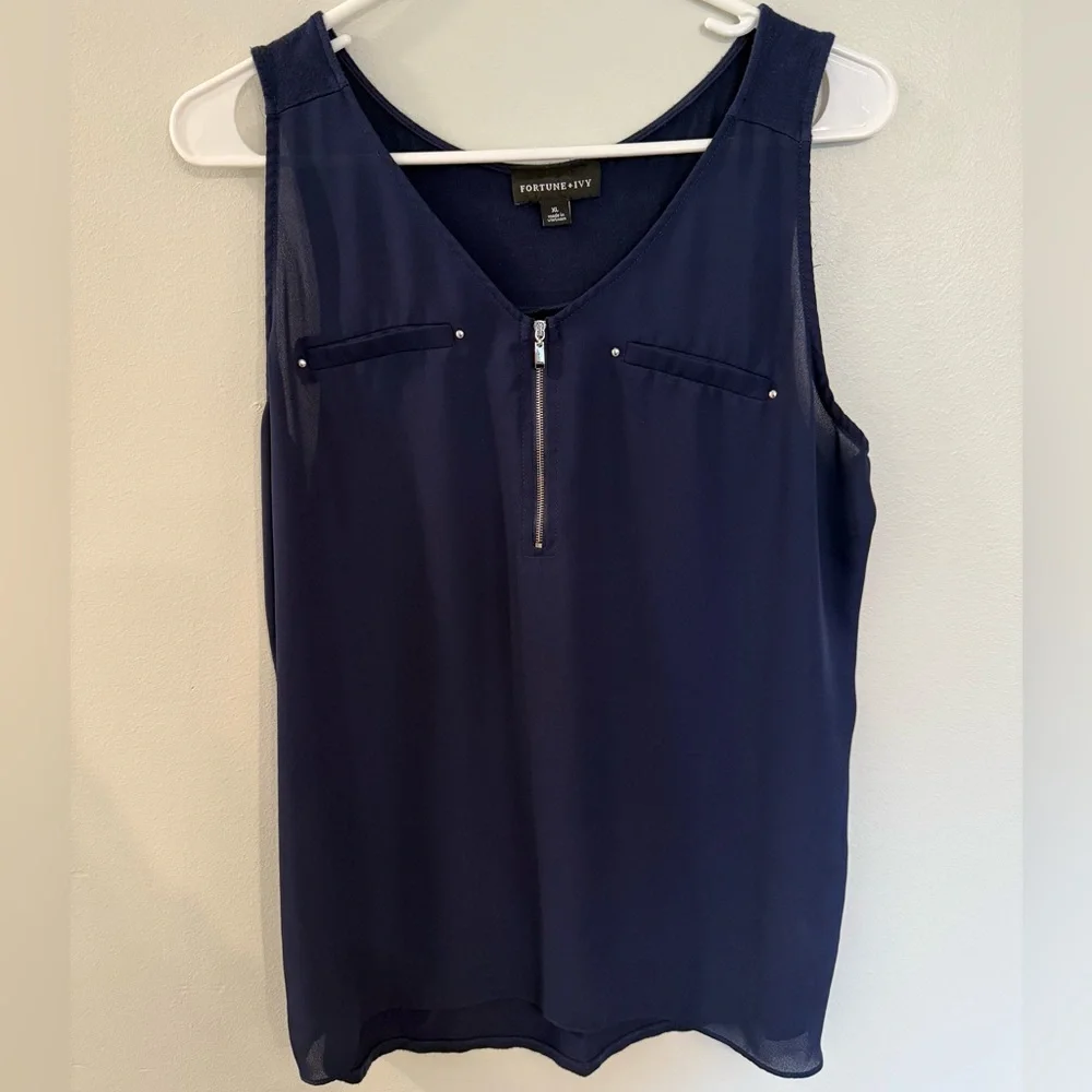 Navy Sleeveless Blouse with Zipper Detail Size XL - Picture 1 of 4